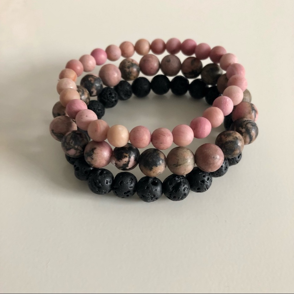 Rhodonite and Lava Bead Bracelet Set